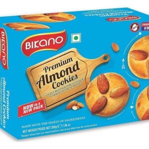 Birano Premium Almond Cookies box on a bright blue background with a wooden cutting board and whole almonds image - Bikano Almond Cookies 200 Gms