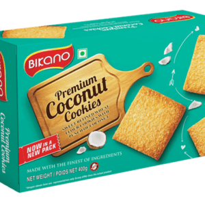 Teal Bisano Premium Coconut Cookies box with a wooden cutting-board label and coconut cookies on the front. Net weight 400 g stated on package. - Bikano coconut Cookies 200 Gms