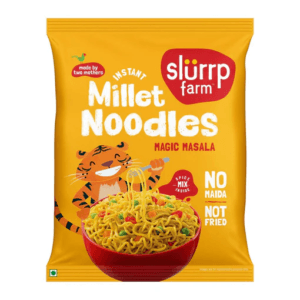 Bright yellow pouch of Slurrp Farm Instant Millet Noodles in Magic Masala, featuring a tiger mascot and a bowl of noodles. - Slurrp Farm Instant Millet Noodles Magic Masala 60g