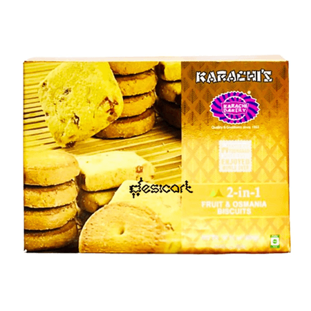 40271183ProductImgpng - Namaste Bazaar Orange packaging box of 2-in-1 Fruit & Osmania biscuits, with stacked cookies visible on the left. - Karachi India (Exp) 2In1 Fruit + Osmania Biscuits 400g