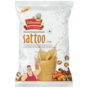 Bag of Jabsons Satttoo plain chickpea powder with cartoon chef and splash, text reads Satttoo and Chana (Chickpeas) Powder. - Jabsons Chana Sattoo 500gm
