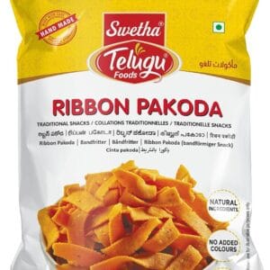 Ribbon Pakoda snack bag by Swetha Telugu Foods with yellow top and bowl of ribbon-shaped fritters at bottom, brand logo visible. - Telugu Foods Ribbon Pakoda 170gm