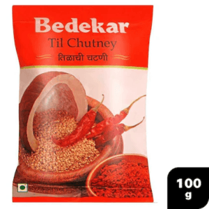 Bedekar Til Chutney 100 g pouch with sesame seeds and red chilies on the front. - Bedekar Til Chutney 100gm