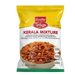 Swetha Telugu Foods Kerala Mixture snack bag; front shows a bowl of mixed fried snacks in the foreground. - Telugu Foods Kerala Mixture 150G