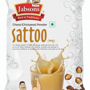 Front of Jabsons Sattoo chickpea powder pouch with brand crest, 'Chana (Chickpeas) Powder' label and a glass of creamy shake splash imagery creating a protein/meal supplement vibe. - Jabsons Chana Sattoo 250gm