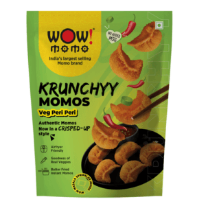 Wow! Momo Krunchy Momos Veg Peri Peri packaging with crispy momos and dipping sauce on a green bag - Wow Krunchy Veg Peri peri momos 300gm