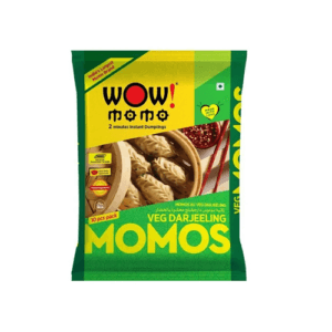 Pack of WOW! Momo Veg Darjeeling dumplings, 10 pieces, showing dumplings and dipping sauce on the front of a bright green-yellow package. - Wow Veg Darjeeling momos 240gm