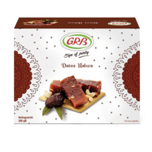 GRB Dates Halwa box with decorative red patterns and stacked date halwa pieces on a serving board, 200 g net weight (front view). - GRB Dates Halwa 200gm