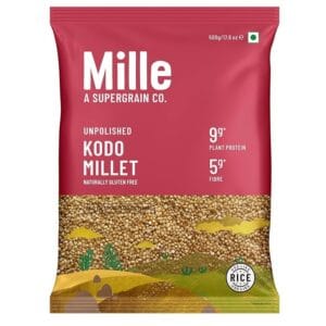 Mille unpolished Kodo millet in a 500g bag, naturally gluten free, with 9g protein and 5g fibre per serving shown on packaging - Mille Kodo Millet 500gm