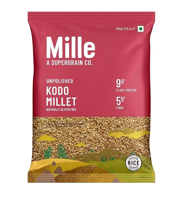 Mille unpolished Kodo millet in a 500g bag, naturally gluten free, with 9g protein and 5g fibre per serving shown on packaging