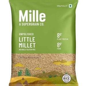 Green millet bag labeled 'Mille' by A Supergrain Co; unpolished Little Millet, naturally gluten free, 500 g. Uses like rice (USL badge). - Cart