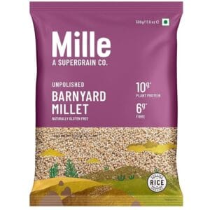 Mille unpolished barnyard millet bag with purple packaging, 500 g, naturally gluten free, 10 g protein and 6 g fibre per serving (India flag on pack). - Mille Barnyard Millet 500gm