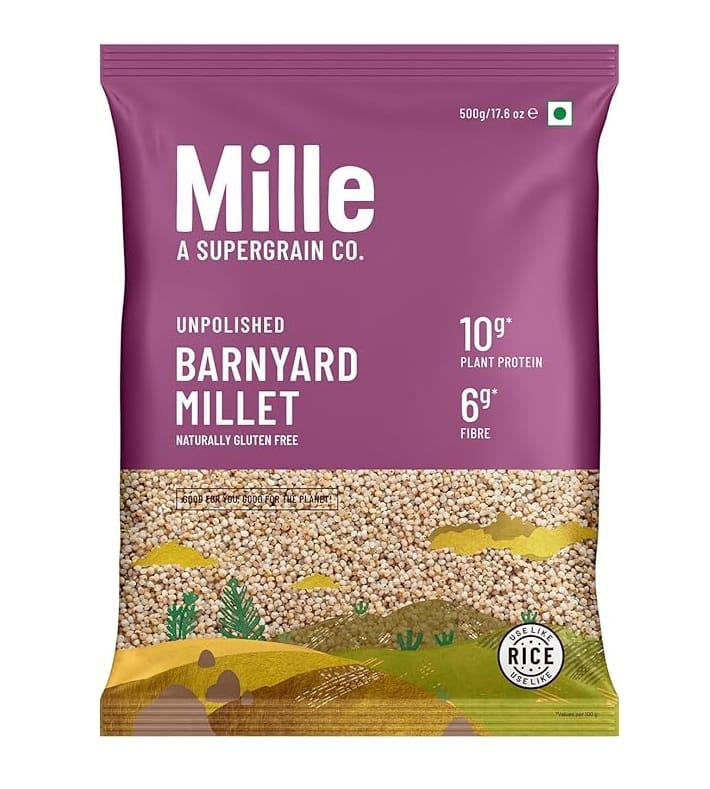 Mille unpolished barnyard millet bag with purple packaging, 500 g, naturally gluten free, 10 g protein and 6 g fibre per serving (India flag on pack).