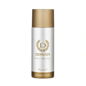 White deodorant body spray can with a gold cap, labeled Denver Imperial by Hamilton (gold text and laurel emblem). - Denver Deo Imperial 165ml