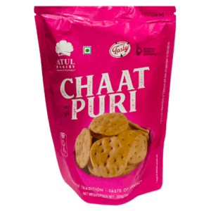 Pink stand-up pouch labeled 'Chaat Puri' showing a plate of round crackers on the front. - Atul Bakery Chat Puri 200gm