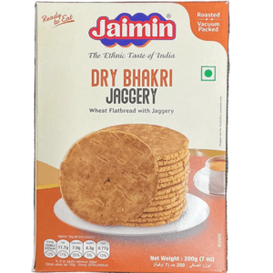 Box of Jaimin Dry Bhakri Jaggery: wheat flatbread with jaggery, with a stack of bhakri on a plate. - Jaimin Jaggery Bhakri 200G