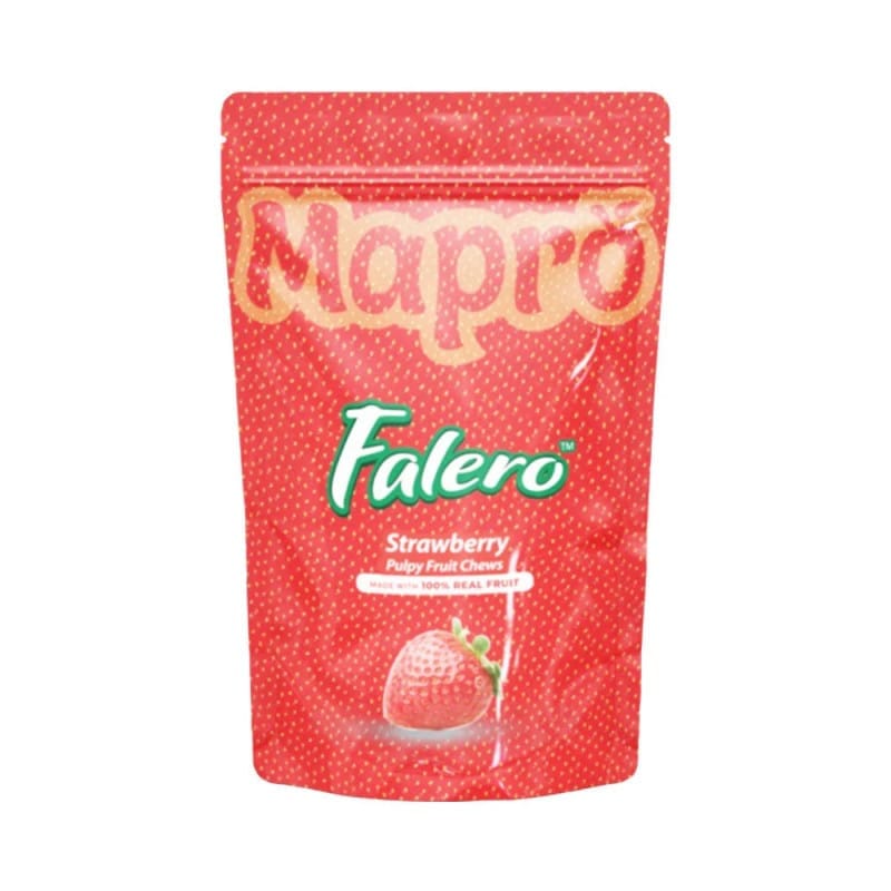 Red pouch of Mapro Falero Strawberry Pulpy Fruit Chews, featuring a strawberry illustration and bold green logo on a dotted red background. - Falero Strawberry