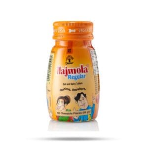Orange Hajmola Regular bottle containing salt and spicy tablets with cartoon characters and the slogan 'Anytime, Anywhere'. - Dabur Hajmola (Regular) 120Tabs