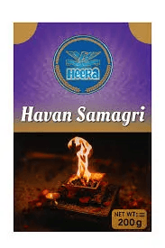 Packaging for Heera Havan Samagri, 200 g, with a purple and gold design and a flame graphic at the center/rear. - Heera Hawan Samagri 200G