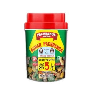Pachranga Achar mixed pickle jar with red lid, green label, yellow banner, and pictures of mixed pickles on the label (800 g). - Pachranga Achar Mixed Pickle In Jar 800G