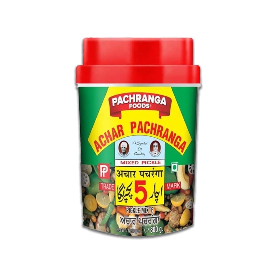 2cd07ef5-52cf-4751-b842-293f80da612djpg - Namaste Bazaar Pachranga Achar mixed pickle jar with red lid, green label, yellow banner, and pictures of mixed pickles on the label (800 g). - Pachranga Achar Mixed Pickle In Jar 800G