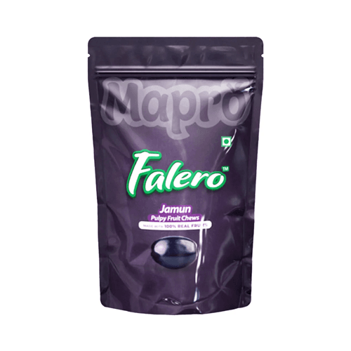 Purple stand-up pouch of Mapro Falero Jamun pulpy fruit chews with green logo and jamun label. - Falero Jamun