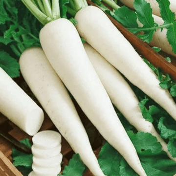Fresh daikon radishes with green tops arranged in a wooden basket, some slices showing.