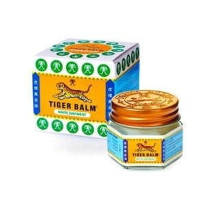 Box and small jar of Tiger Balm White Ointment, orange caps and yellow-blue labels with a tiger logo; a medicinal topical balm - Flying Tiger Balm White 15gm