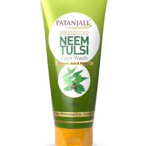 Patanjali Neem Tulsi Face Wash tube in green with an orange cap, 100 g, featuring neem leaves artwork and logo. - Patanjali Neem Tulsi Face wash 100ml