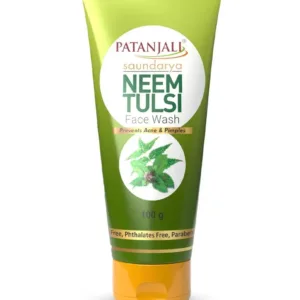 Patanjali Neem Tulsi Face Wash tube in green with an orange cap, 100 g, featuring neem leaves artwork and logo. - Patanjali Neem Tulsi Face wash 100ml