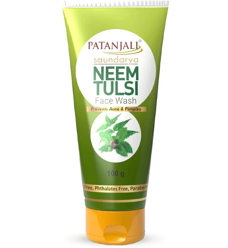 Patanjali Neem Tulsi Face Wash tube in green with an orange cap, 100 g, featuring neem leaves artwork and logo. - Patanjali Neem Tulsi Face wash 100ml