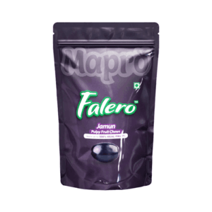 Purple pouch packaging for Falero Jamun Pulpy Fruit Chews, showing the brand name and product type on the front. - Opus Falero Jamun 75Gm