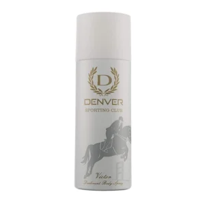 White deodorant spray can with a gold Denver Sporting Club logo (laurel wreath) and a horse-jockey illustration on the lower label. - Denver Deo Victor 165ml