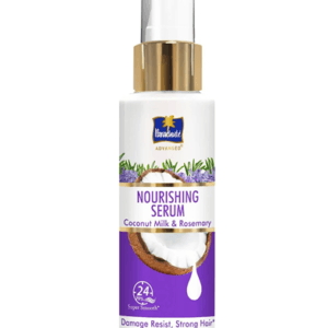 Bottle of Paradise Advanced Nourishing Serum for hair, Coconut Milk & Rosemary, white bottle with gold pump and purple label indicating 24-hour smoothness and damage resistance - Parachute Advansed Nourshing Serum Coconut Milk & Rosemary 100ml