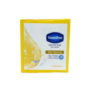 Yellow-wrapped Vaseline Healthy Plus Total Moisture bar soap packaging with blue logo on a white label. - Vaseline Soap Essential 3*75gm