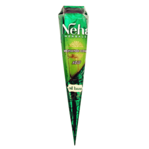 Neha Herbal Mehndi cone with oil-based formula, green packaging, labeled 'New'. - Neha Mehandi Cone 25g