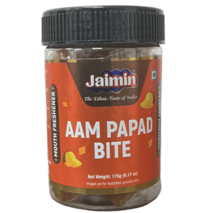 Jar of Jaimin Aam Papad Bite mango snack with orange label and black cap, shows 175 g net weight - Jaimin Aam Papad Bite 175Gm