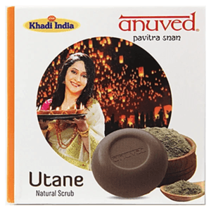 Box for Utane Natural Scrub soap by Anuved; features a smiling woman image and a round brown soap bar. - Anuved Ubtan Soap 125gm