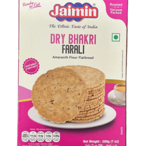 Box of Jaimin Dry Bhakri Farali amaranth flour flatbread with a stack of round flatbreads on a plate - Jaimin Farali Bhakri 200G