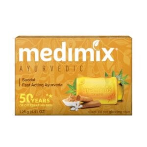 Orange Medimix Ayurvedic soap box featuring Eladi oil and sandal scent; 125 g (4.41 oz) package. - Medimix Sandal & Eladi Oil Soap 125gm