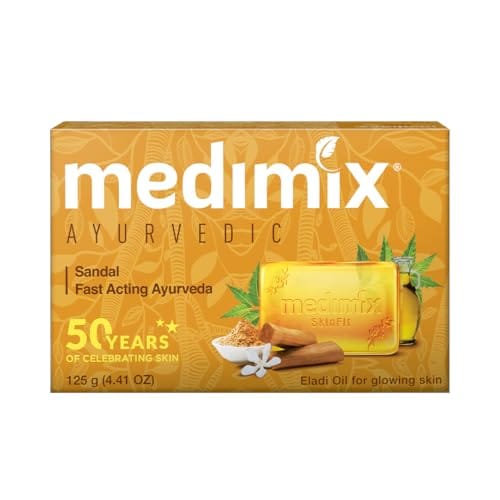 Orange Medimix Ayurvedic soap box featuring Eladi oil and sandal scent; 125 g (4.41 oz) package. - Medimix Sandal & Eladi Oil Soap 125gm