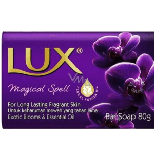 Lux Magical Spell bar soap packaging with purple orchids, 80g, for long-lasting fragrance and floral fusion oil (product image) - Lux Soap Purple Magical Bar 3*80gm