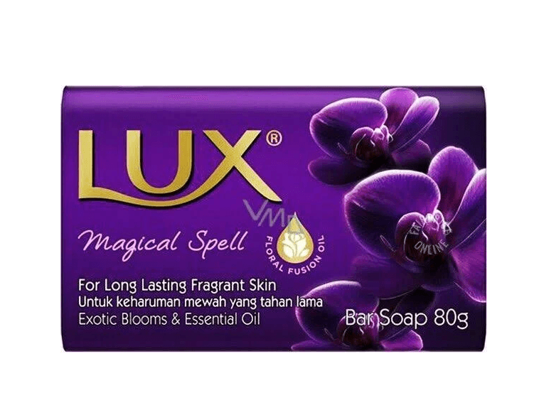 Lux Magical Spell bar soap packaging with purple orchids, 80g, for long-lasting fragrance and floral fusion oil (product image) - Lux Soap Purple Magical Bar 3*80gm