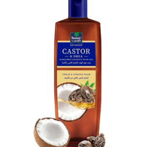 Brown bottle of Castor & Shea enriched coconut hair oil with a halved coconut and whole coconuts placed beside it - Parachute Adv Shea & Castor Coconut Hair Oil 200ml