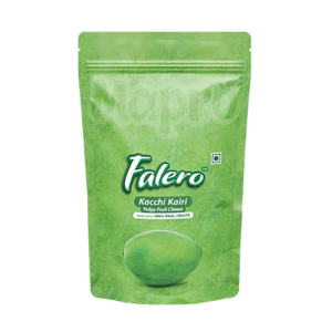 Green resealable pouch of Falero Kacchi Kairi pulpy fruit chews with a whole green mango on the front, set against a bright green background. - Falero Kacchi Kairi (Raw mango) 175G