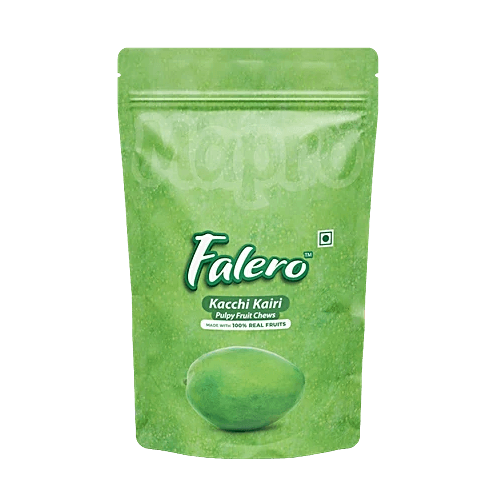 Green resealable pouch of Falero Kacchi Kairi pulpy fruit chews with a whole green mango on the front, set against a bright green background. - Falero Kacchi Kairi (Raw mango) 175G
