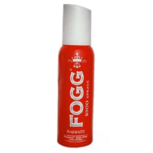 Red spray bottle labeled FOGG Radiate with a white cap and '1000 sprays' text visible. - Fogg Deodrant Radiate (Women) 120ml
