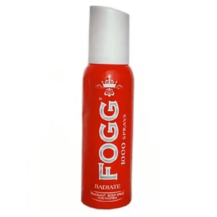 Red spray bottle labeled FOGG Radiate with a white cap and '1000 sprays' text visible. - Fogg Deodrant Radiate (Women) 120ml