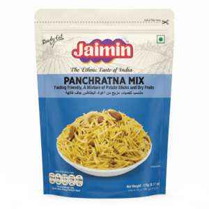 Front of a Jaimin Panchratna Mix package showing a bowl of the mixed snack (potato sticks and dry fruits); brand name 'Jaimin', slogan 'The Ethnic Taste of India', net weight 175 g. - Jaimin Panchratna Mix 175gm