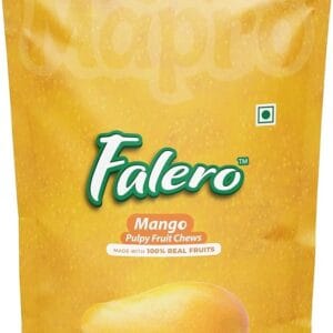 Yellow pouch of Falero Mango Pulpy Fruit Chews with a mango image, Falero logo, and text reading 'Made with 100% real fruits' - Falero Alphonso Mango 150G